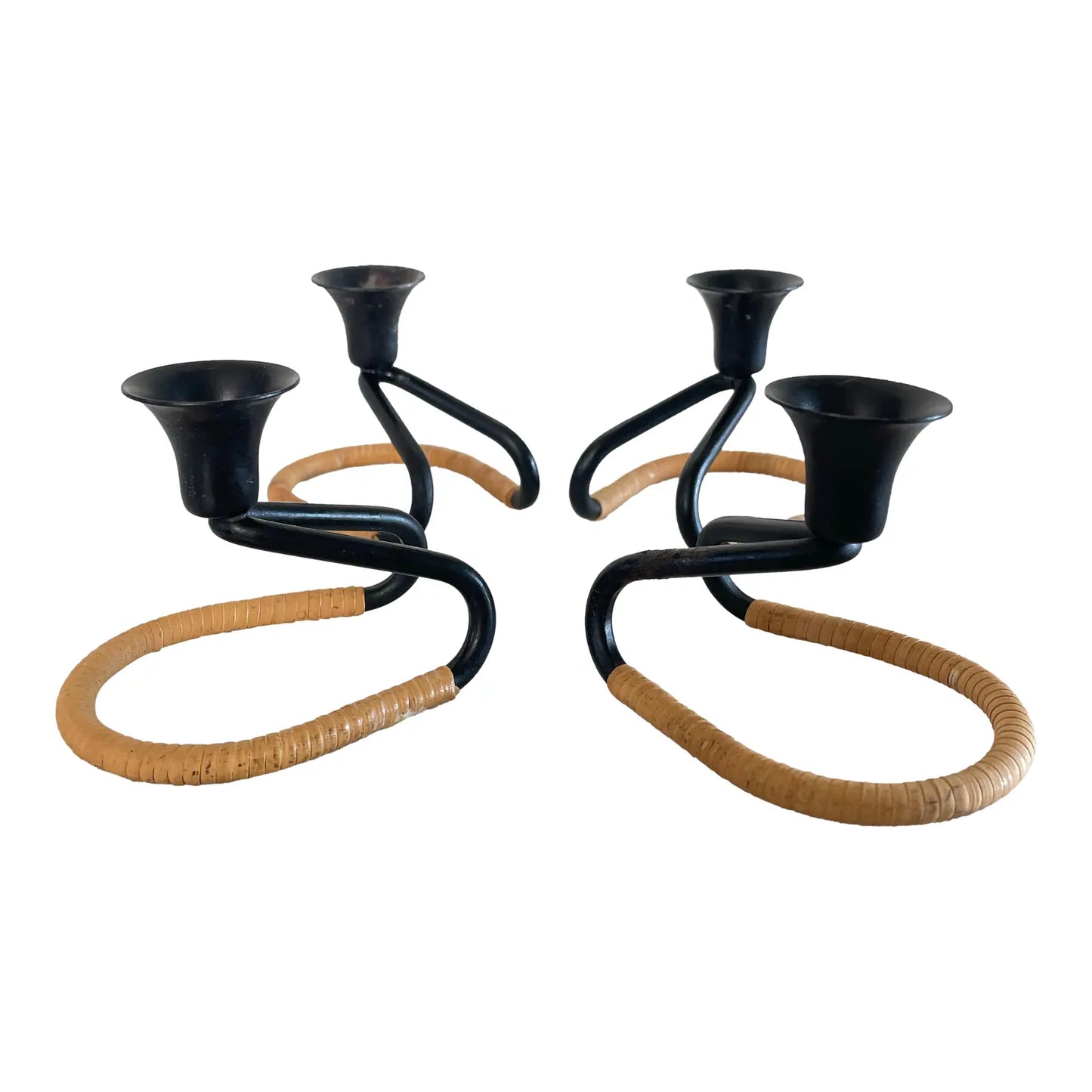 Mid 20th Century Walter Bosse Blacked Steel & Woven Natural Raffia Fiber Candlesticks, Unmarked - Set of 4