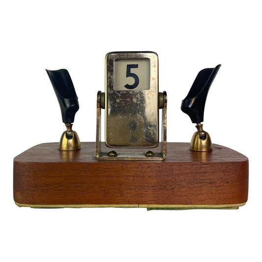 Mid-Century Brass & Walnut Perpetual Calendar Desk Set With Pen Holders