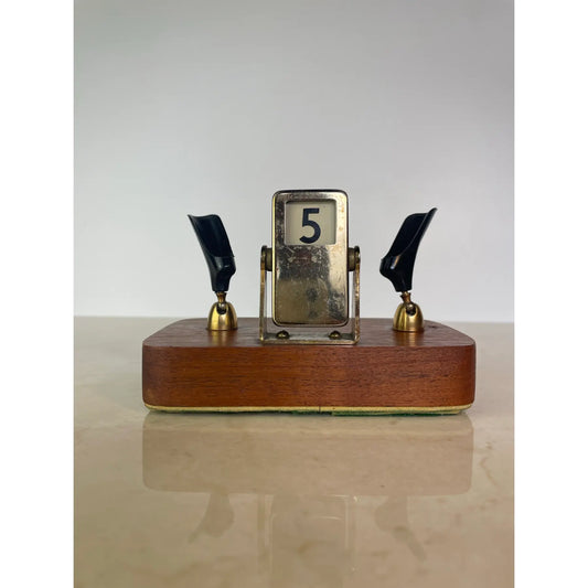 Mid-Century Brass & Walnut Perpetual Calendar Desk Set With Pen Holders