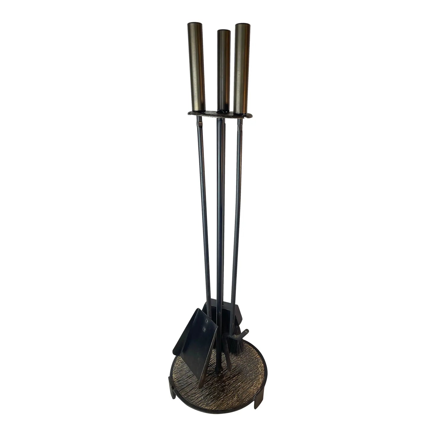 Mid-Century Modern Black Iron & Brass Fireplace Tool Set With Stand