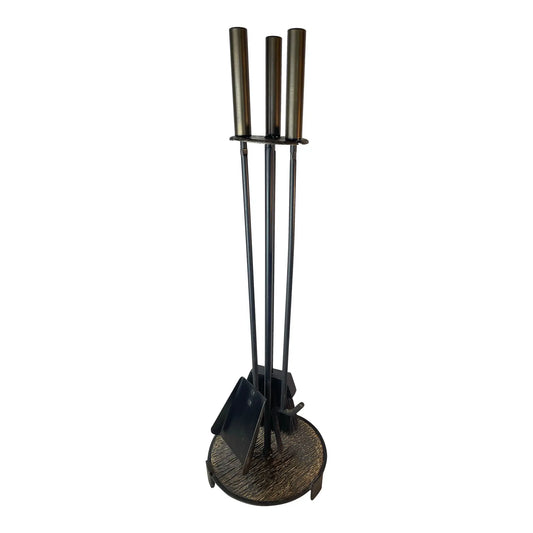 Mid-Century Modern Black Iron & Brass Fireplace Tool Set With Stand