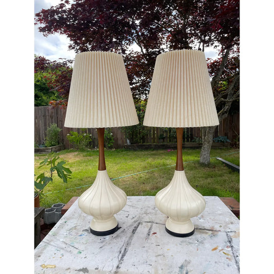Mid-Century Modern Elongated Fortune Lamp Co. Teardrop Table Lamp in Walnut & Porcelain - A Pair