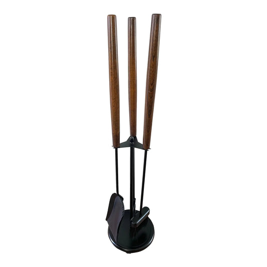 Mid-Century Modern Fireplace Tool Set, Oak & Iron, Seymour Style