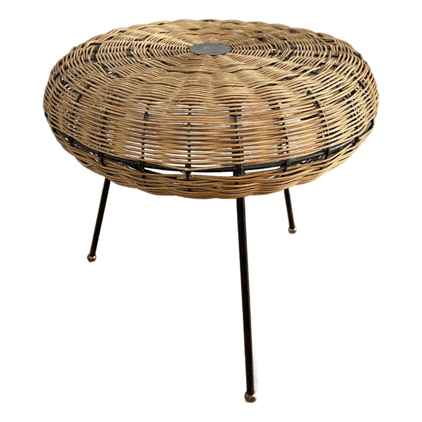 Mid-Century Modern French Woven Rattan Tripod Stool