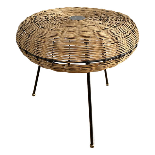 Mid-Century Modern French Woven Rattan Tripod Stool