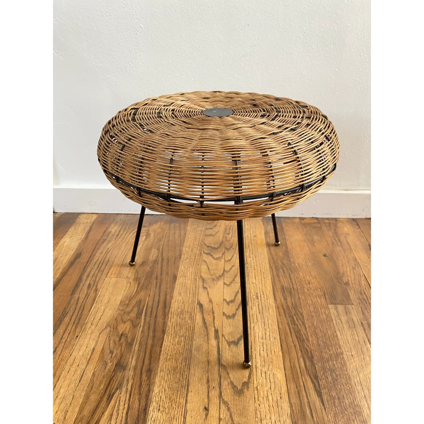 Mid-Century Modern French Woven Rattan Tripod Stool