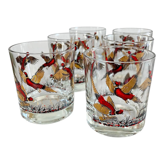 Mid-Century Modern Gold Pheasant Hunting Glasses - Set of 6