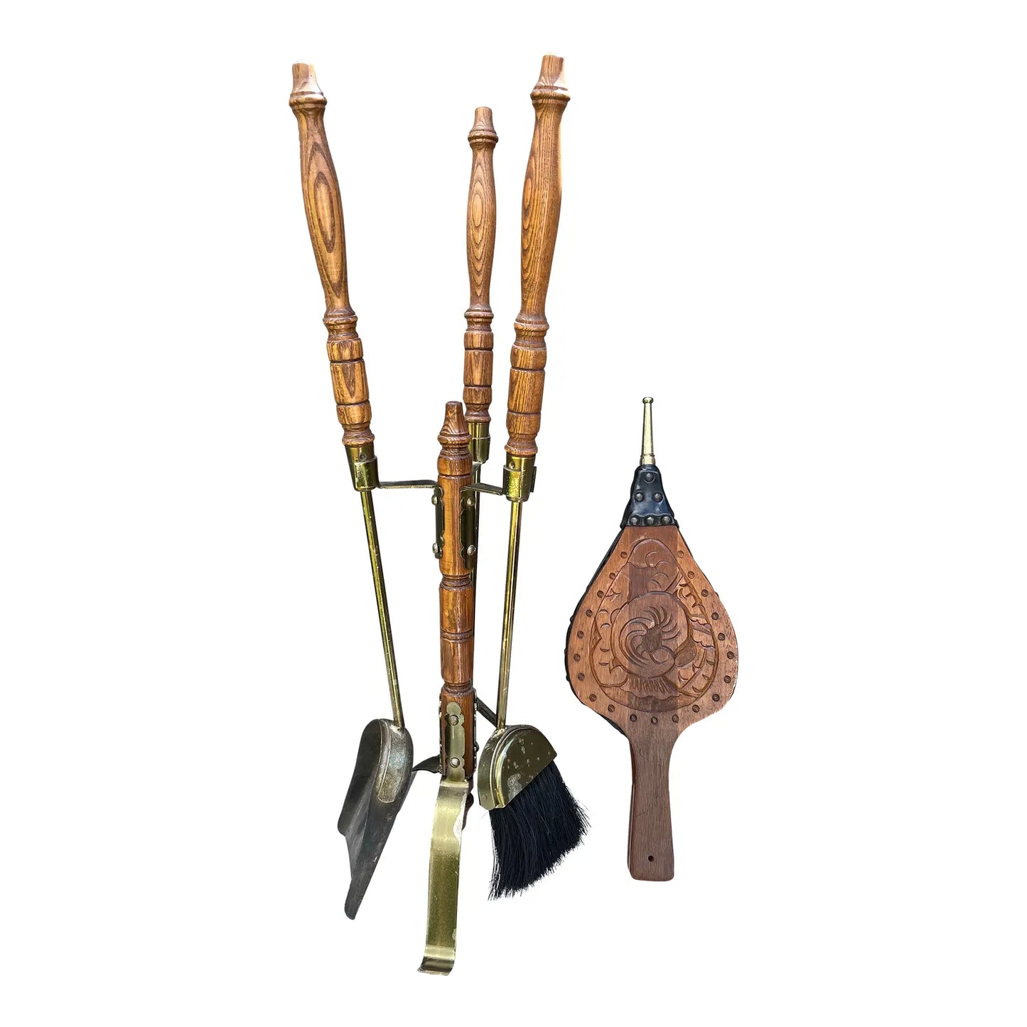 Mid-Century Oak Handled Fireplace Tools Set With Brass Accents and Stand- 5 Pieces