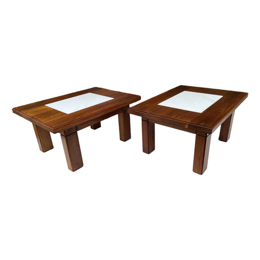 Mid-Century Studio Solid Walnut & Marble Side Tables Pair