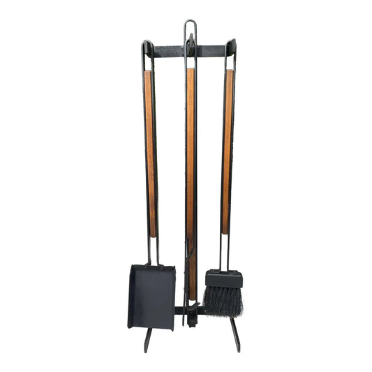 Mid Century Tony Paul Style Wood and Wrought Iron Fireplace Tools Set- 4 Pieces