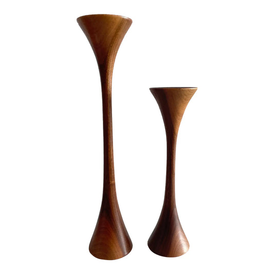 Mid-Century Walnut Tapered Tulip Candlesticks - Pair