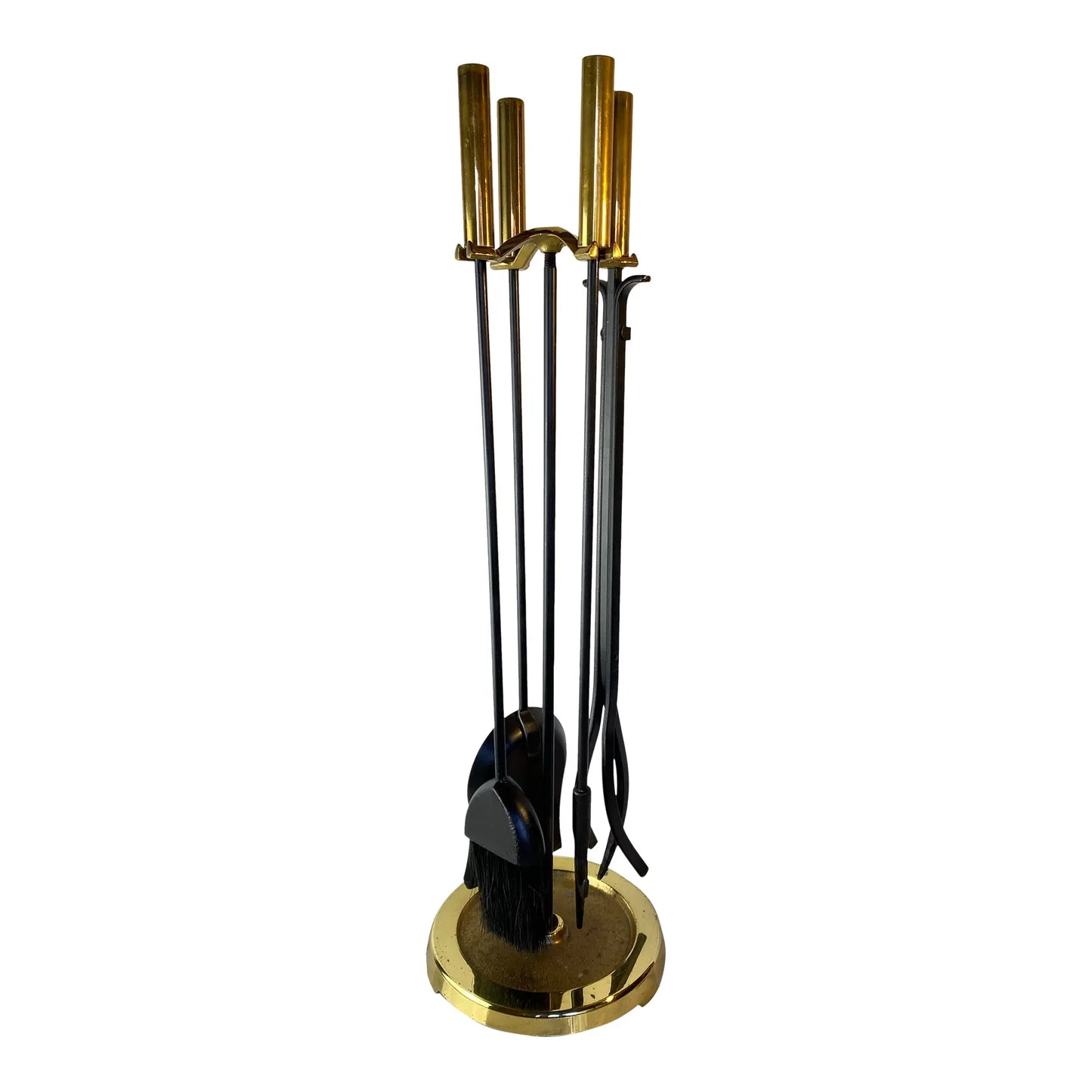 Modern Brass and Black Metal Fireplace Tool Set 4-Piece With Stand