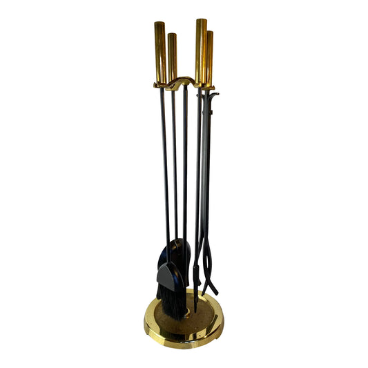 Modern Brass and Black Metal Fireplace Tool Set 4-Piece With Stand
