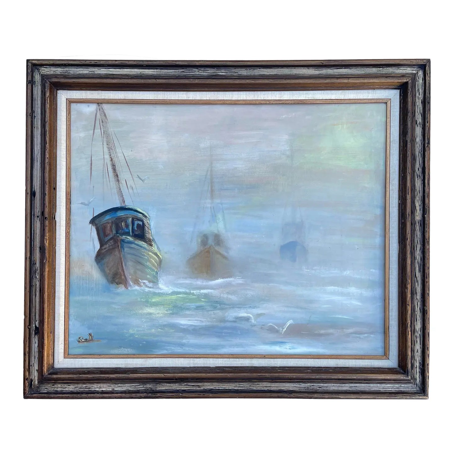 Nautical Seascape Fishing Boats Framed Vintage Oil on Board