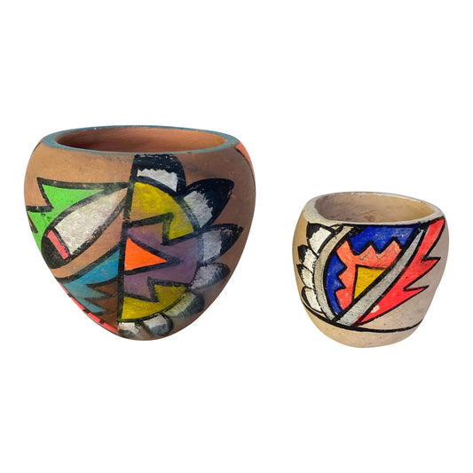 Pair of Mid-Century Handmade Tesuque Pueblo Pottery Vessels With Poster Paint Decoration, New Mexico