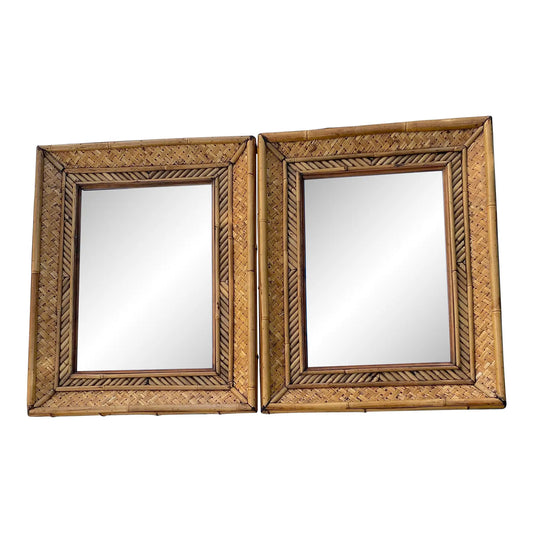 Pair of Vintage Woven Bamboo & Rattan Wall Mirrors — Tropical Coastal Hollywood Regency, 30" X 24"