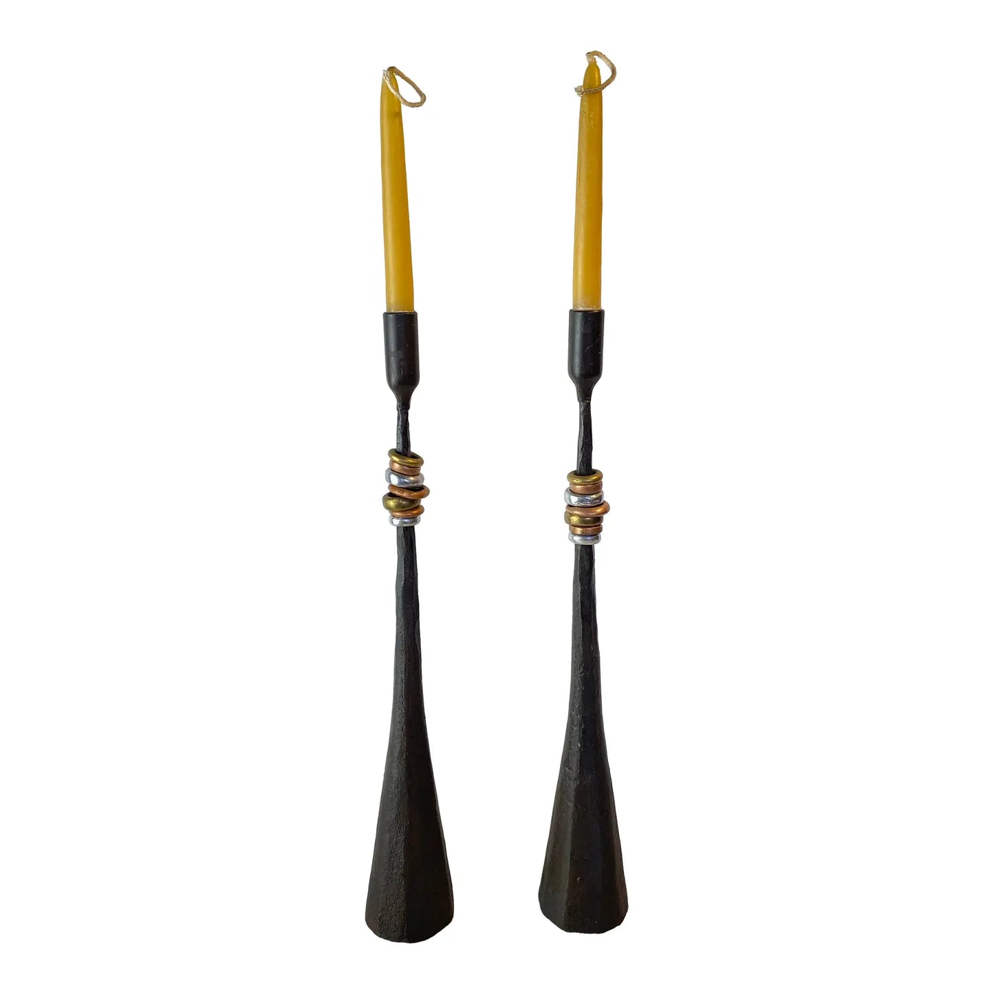 Pair Rustic Forged Iron Candlestick Holders With Mixed Metal Rings Luis Marquez Sekoya Originals