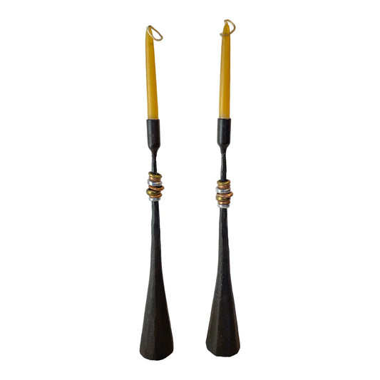 Pair Rustic Forged Iron Candlestick Holders With Mixed Metal Rings Luis Marquez Sekoya Originals