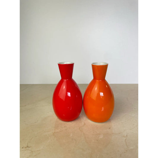 Pair Vintage Omc Japan Ceramic Sake Bottles, Red & Orange