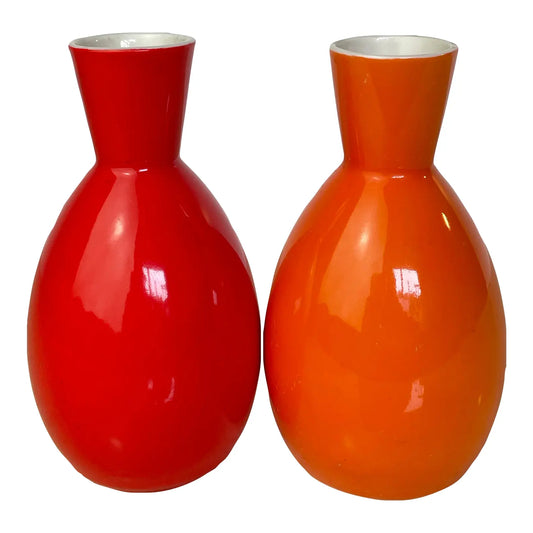 Pair Vintage Omc Japan Ceramic Sake Bottles, Red & Orange