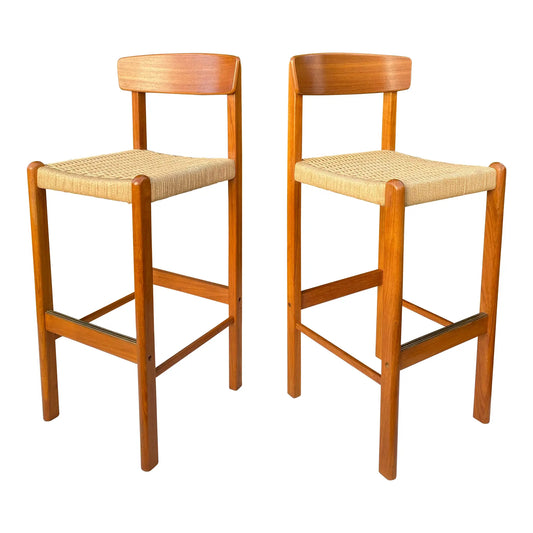 Pair Vintage Teak Bar Stools Sun Cabinet Co. 31" Height Mid-Century Modern Paper Cord