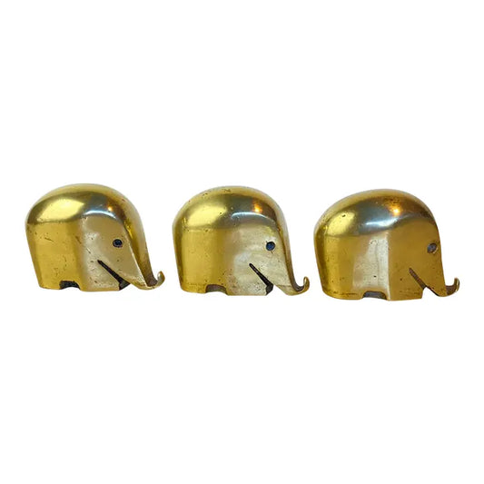 Set of 3 Vintage Solid Brass 'Drumbo' Elephant Paperweights, Dresdner Bank, Attributed to Luigi Colani