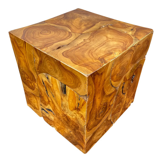 Organic Modern Tesselated Teak Wood Cube Side Table