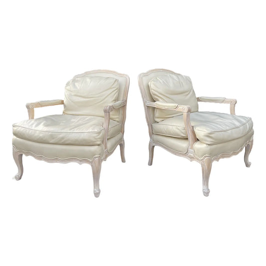 Vintage 1990s Sam Moore Bergère Chairs in Ivory Genuine Leather, Whitewashed Maple Frame – Pair