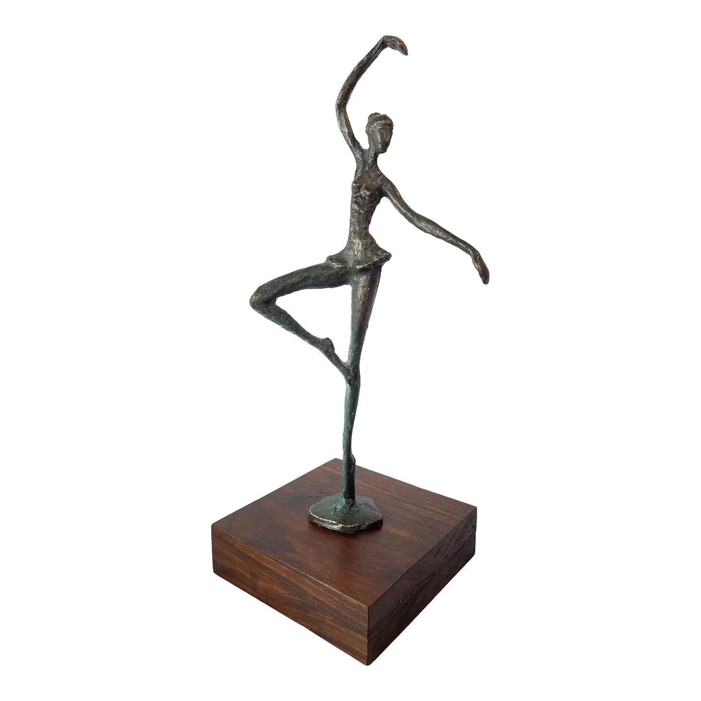Vintage Abstract Bronze Ballerina Sculpture on Wood Base — Mid-Century Modern Figurative Art