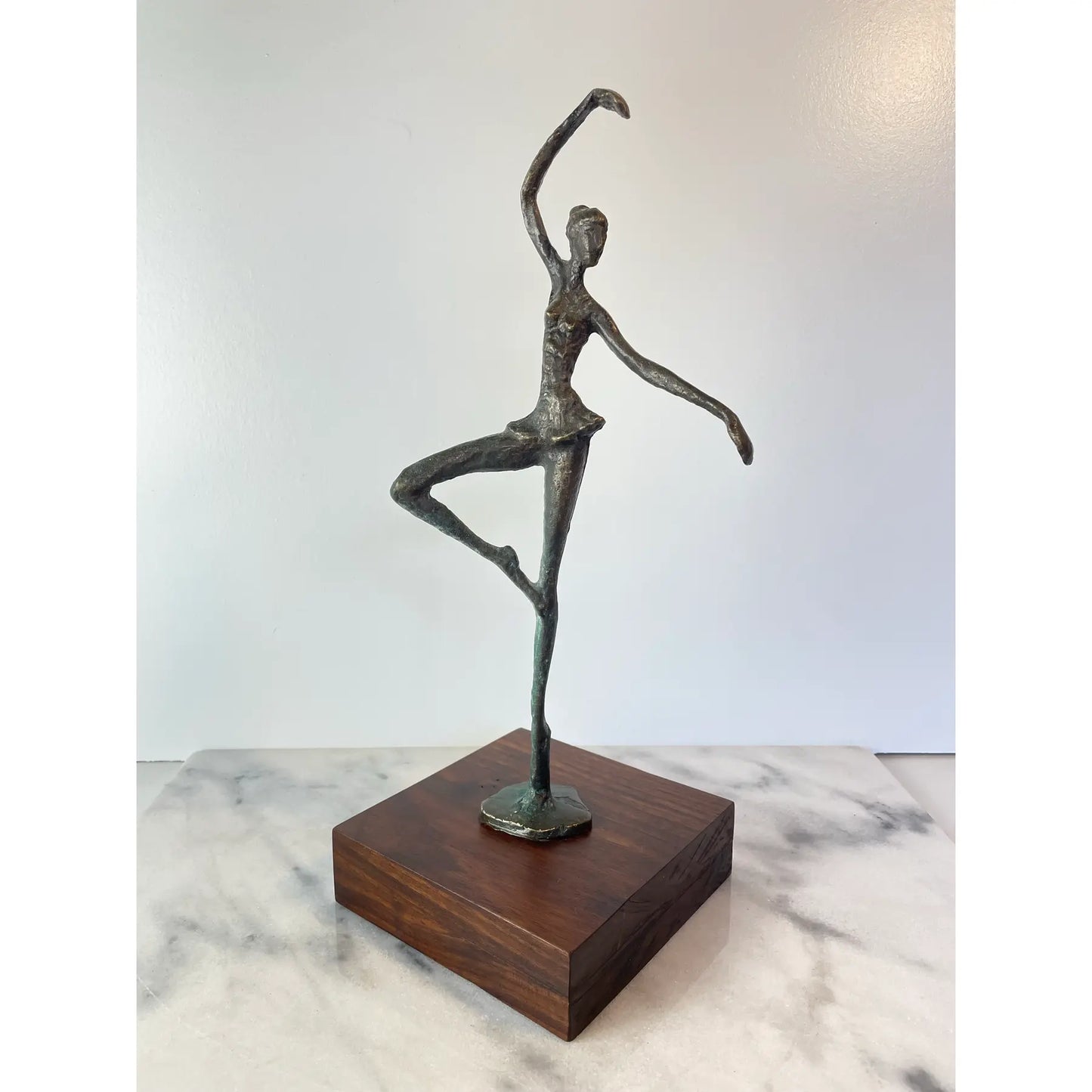 Vintage Abstract Bronze Ballerina Sculpture on Wood Base — Mid-Century Modern Figurative Art
