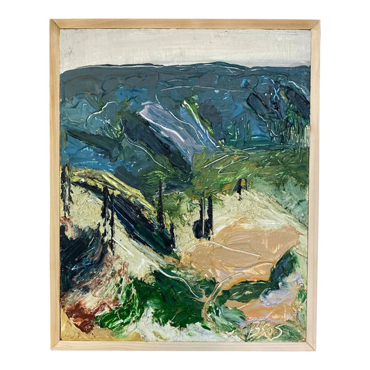 Vintage Abstract Expressionist Impasto Landscape Painting on Board in Handmade Wood Frame 12" X 15"