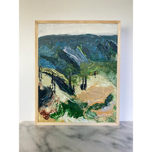 Vintage Abstract Expressionist Impasto Landscape Painting on Board in Handmade Wood Frame 12" X 15"