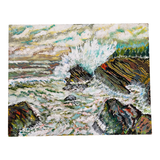 Vintage Abstract Seascape Oil Painting on Canvas — Expressive Coastal Modern Ar
