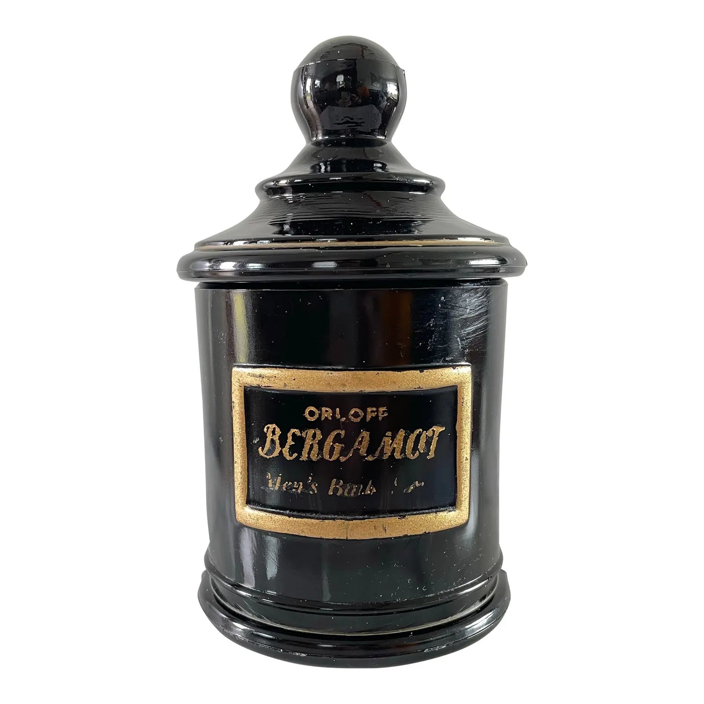 Vintage Black Glass Apothecary Jar Jean Vivaudou Co. Orloff Bergamot Men's Bath Talc