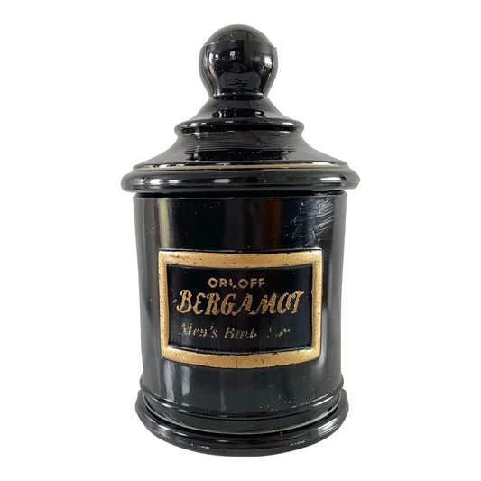 Vintage Black Glass Apothecary Jar Jean Vivaudou Co. Orloff Bergamot Men's Bath Talc