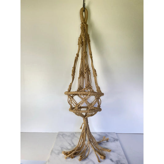 Vintage Boho Macramé Plant Hanger in Natural Fiber — Large Hanging Planter, 1970s