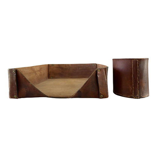 Vintage Cognac Distressed Leather Desk Accessories - Paper Tray & Pencil Cup- 2 Pieces