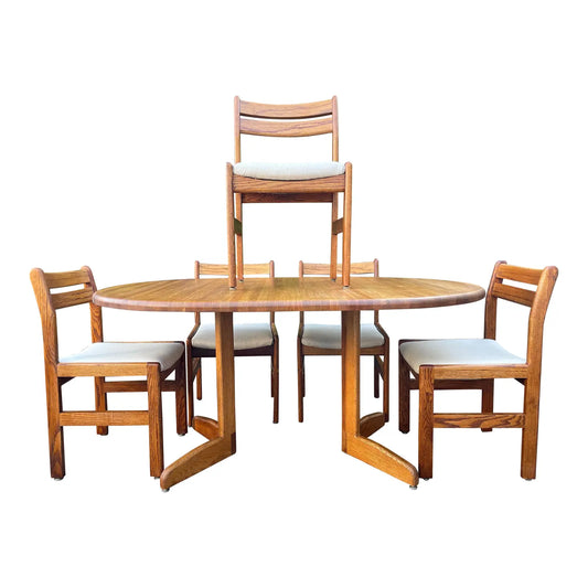 Vintage Danish Modern Solid Wood Dining Table With 5 Newly Upholstered Chairs – Minimalist Small Space Design Set of 6