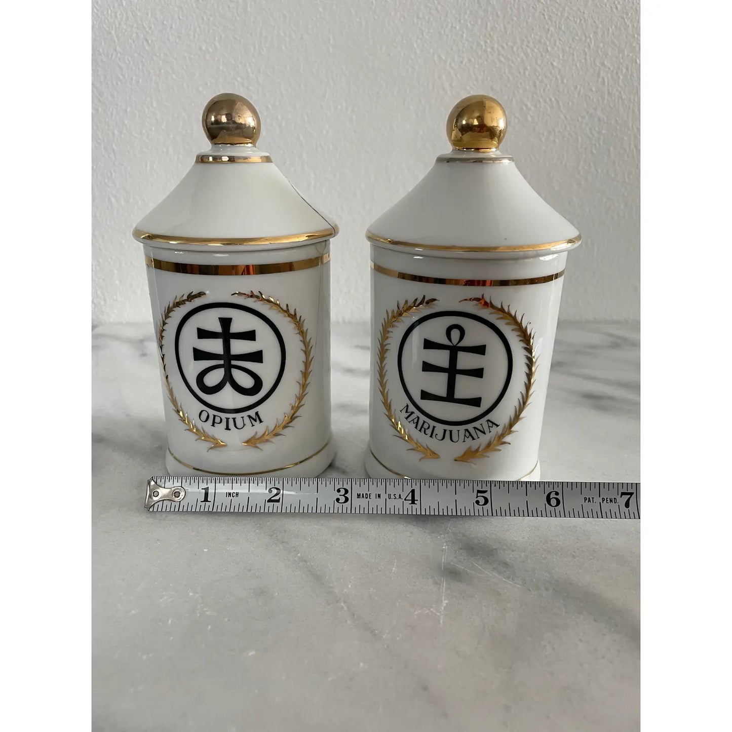 Vintage Freeman Lederman Designed by Lagardo Tackett Porcelain Apothecary Jars, Made in Japan - Opium & Marijuana