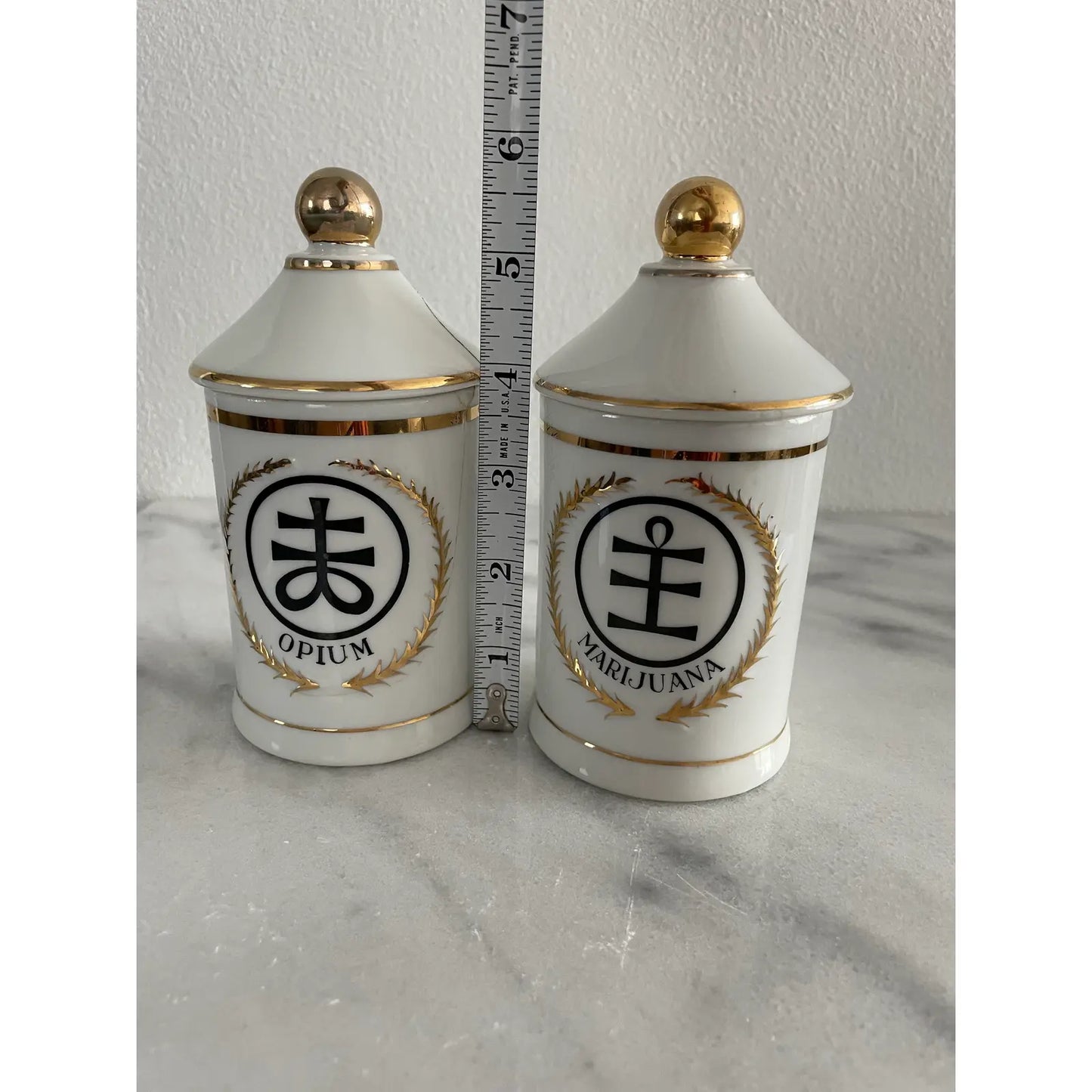 Vintage Freeman Lederman Designed by Lagardo Tackett Porcelain Apothecary Jars, Made in Japan - Opium & Marijuana