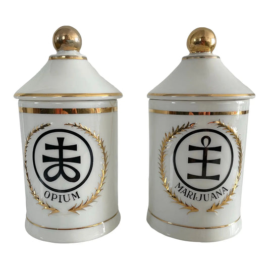 Vintage Freeman Lederman Designed by Lagardo Tackett Porcelain Apothecary Jars, Made in Japan - Opium & Marijuana