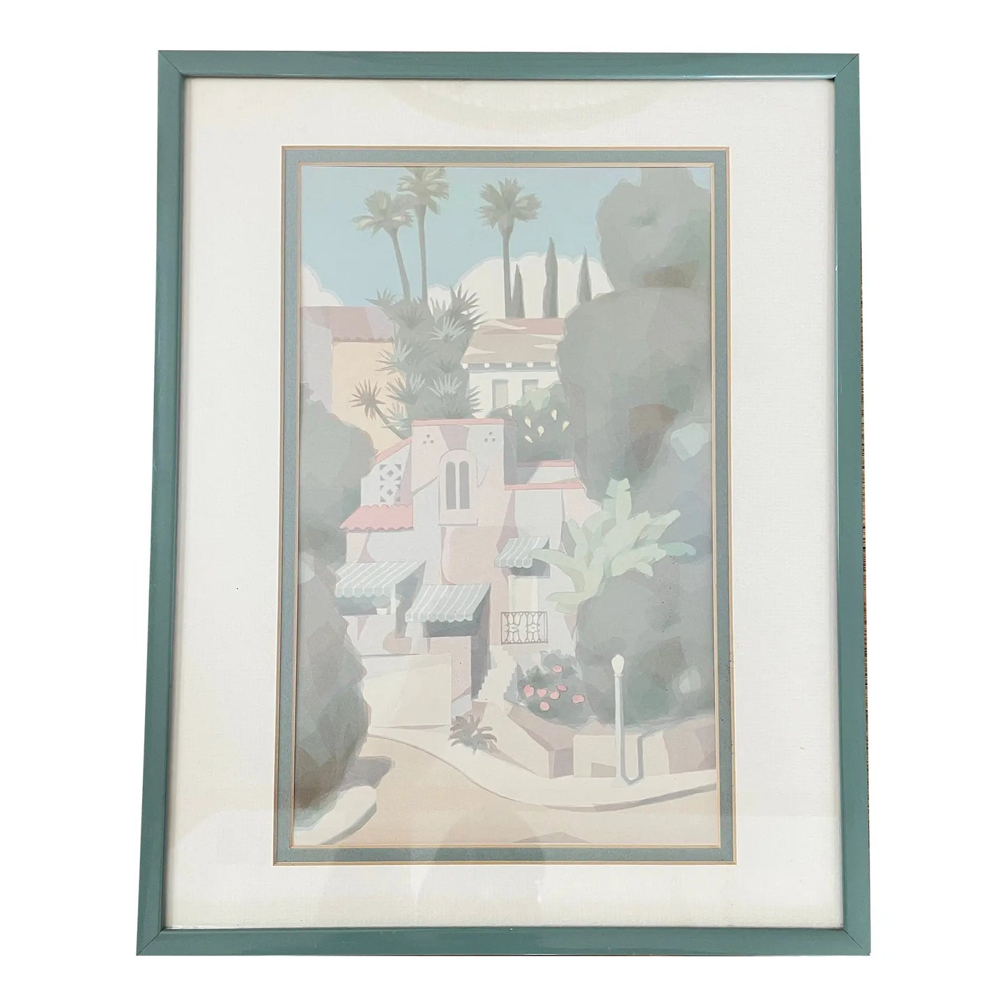 Vintage "Graciosa" Serigraph by William Buffett, Framed 1980s Pastel Mediterranean Cityscape Print