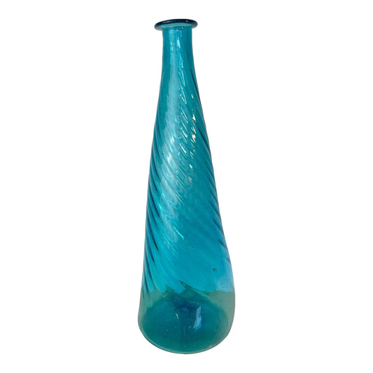 Vintage Hand-Blown Aqua Optic Swirl Art Glass Floor Bottle