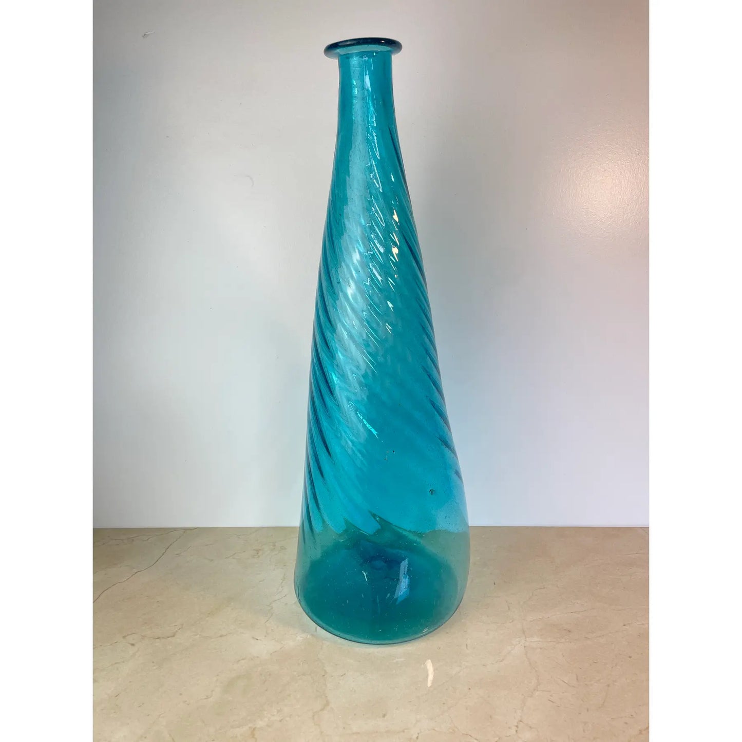 Vintage Hand-Blown Aqua Optic Swirl Art Glass Floor Bottle