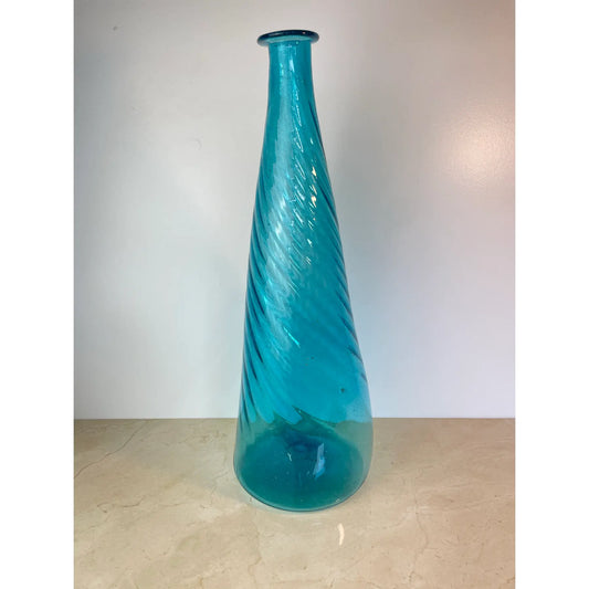 Vintage Hand-Blown Aqua Optic Swirl Art Glass Floor Bottle