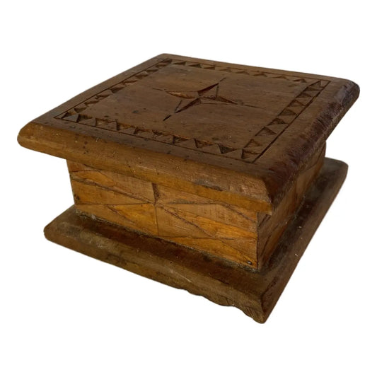 Vintage Hand-Carved Wood Folk Art Lidded Box With Star Motif