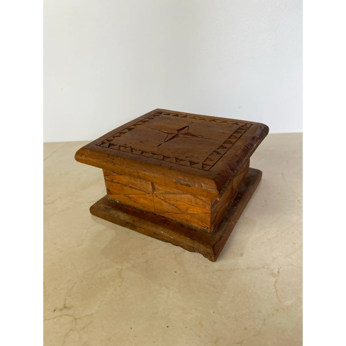 Vintage Hand-Carved Wood Folk Art Lidded Box With Star Motif