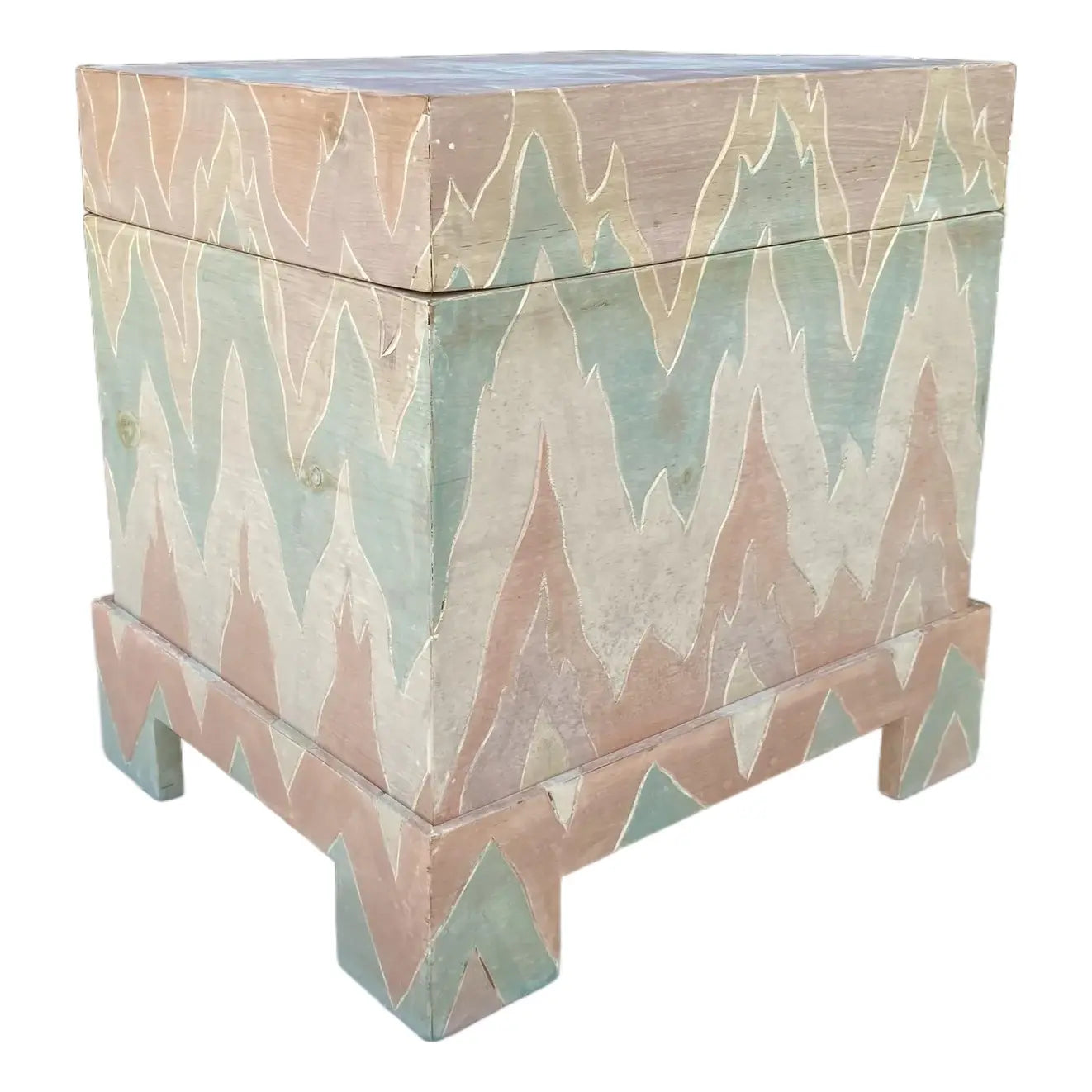 Vintage Hand-Painted Flame Chevron Wood Box on Stand