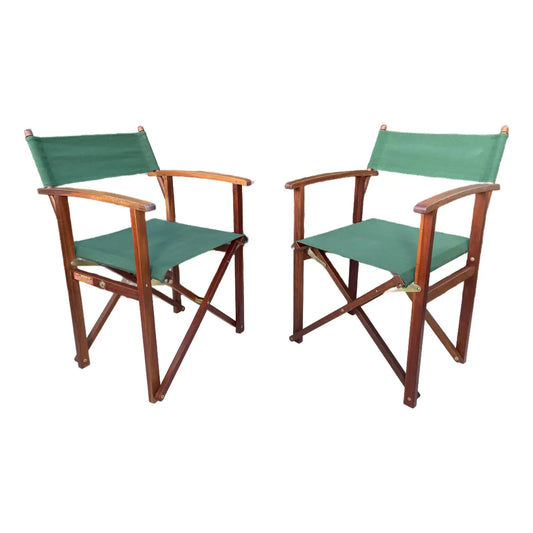 Vintage Hunter Green Teak Folding Directors Chair - Set of 2