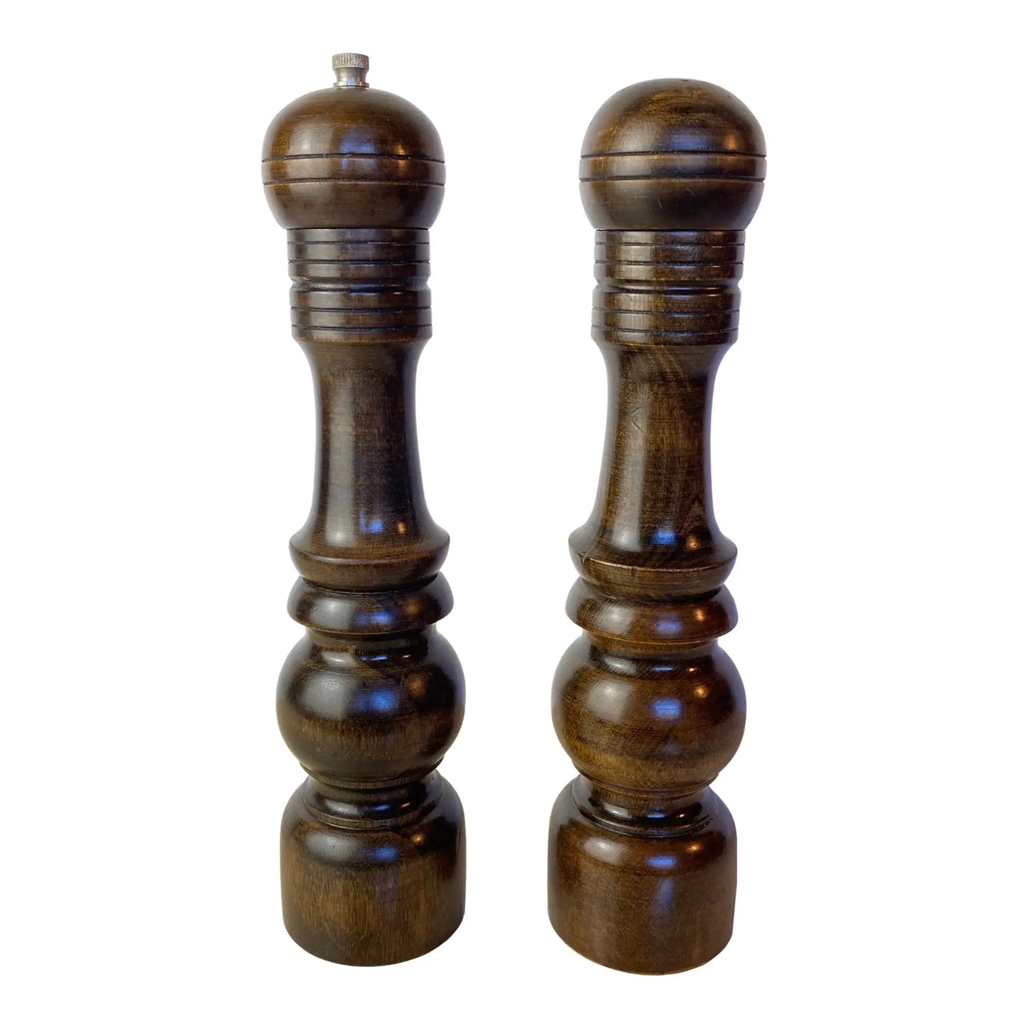 Vintage Made in Japan Dark Hardwood Salt & Pepper Mill Set, Turned Wood Grinder Pair
